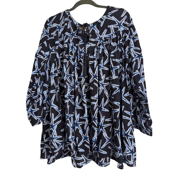 crown & ivy Tops - Crown & Ivy Peasant Blouse 3X Navy Blue Starfish, Coastal, Beach, Boho, Summer